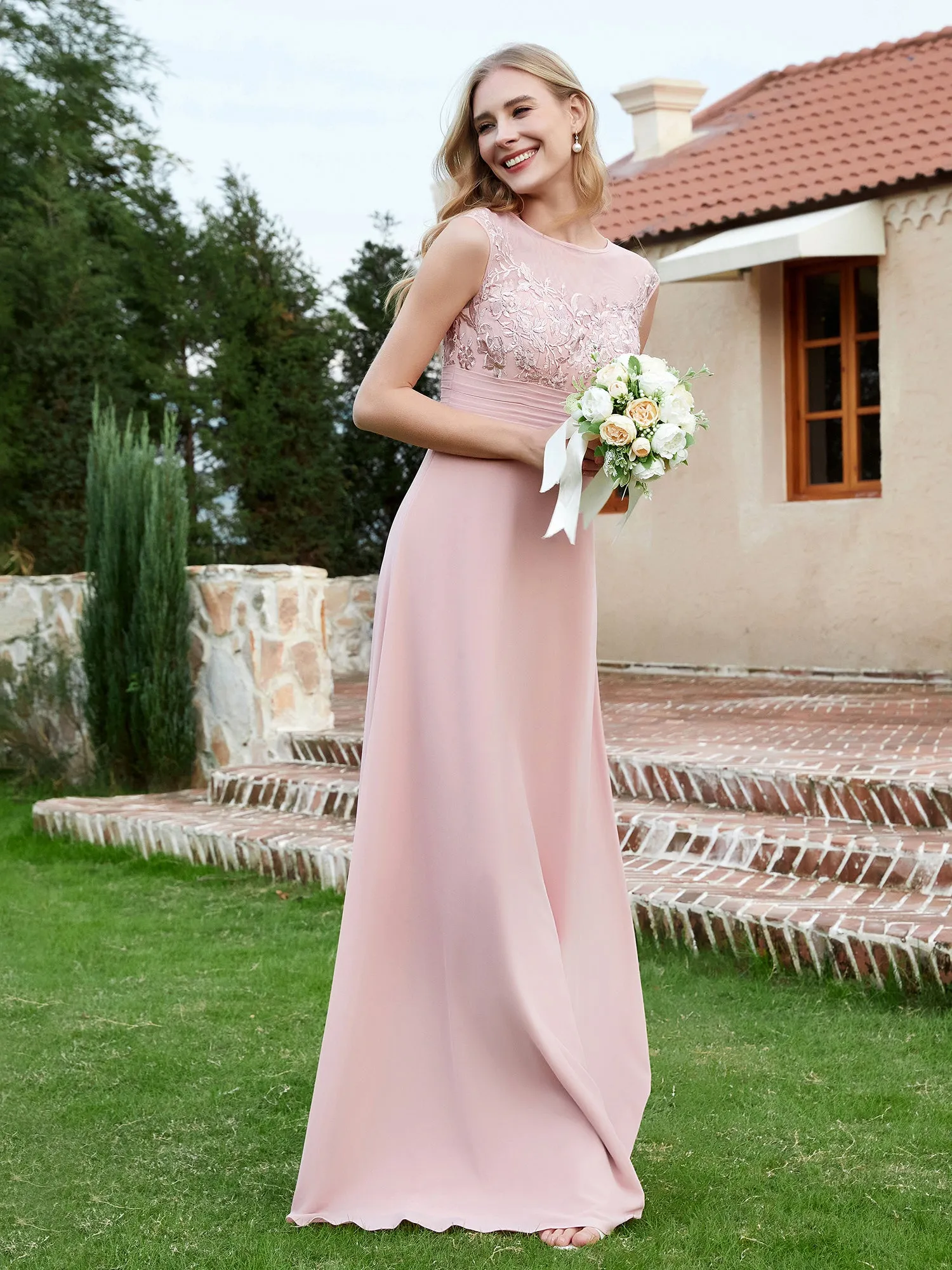 A-Line Chiffon Dress with Illusion Neckline Dusty Rose