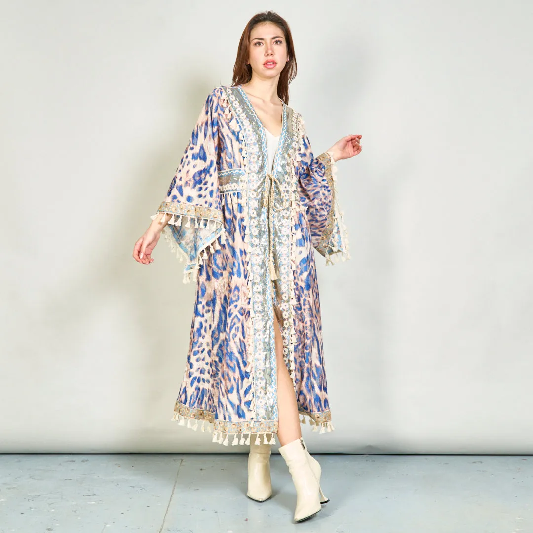 Boho animal print kimono with tassel accents wholesale