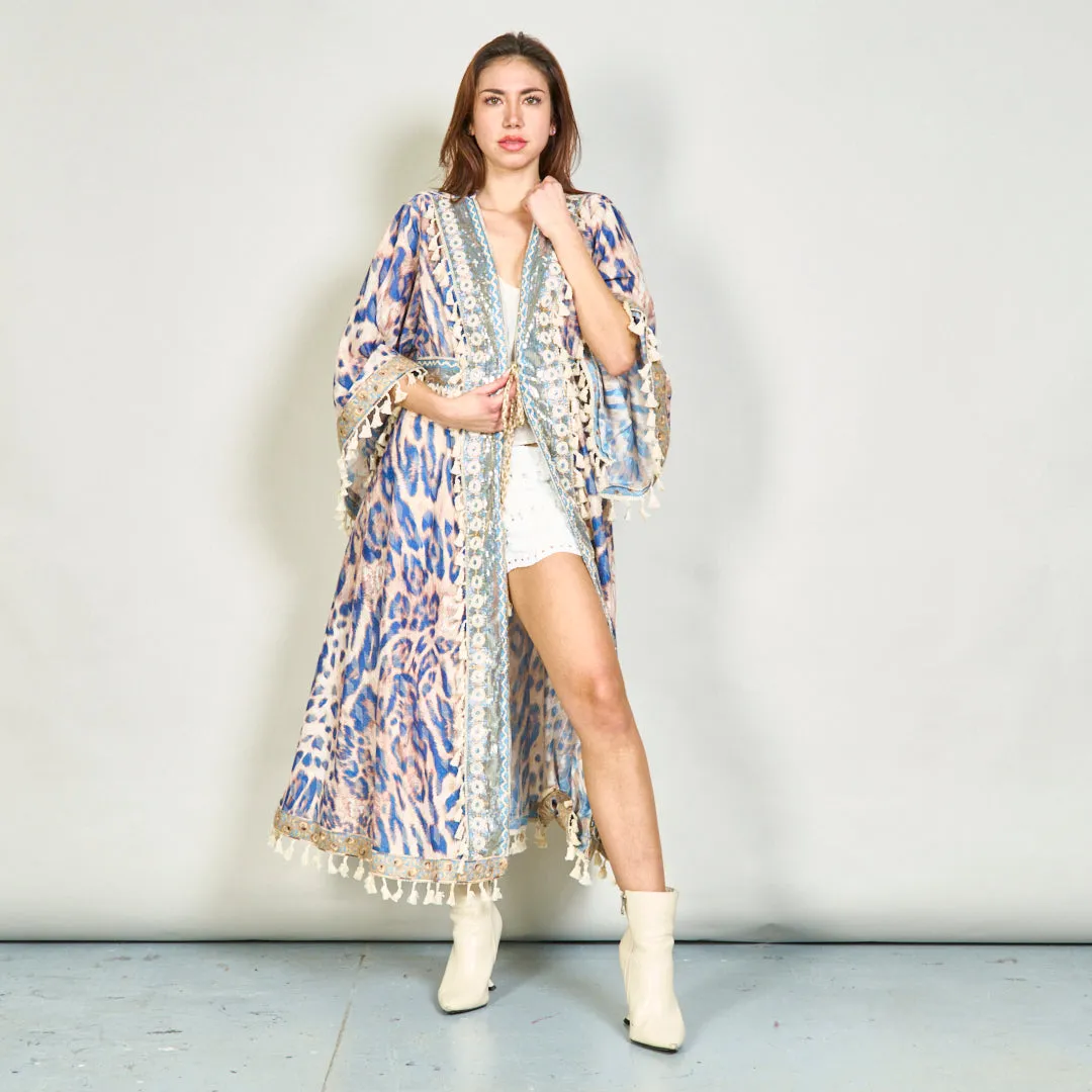 Boho animal print kimono with tassel accents wholesale
