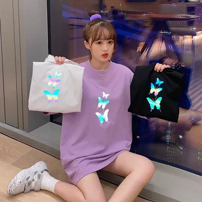 Taro Purple Butterfly Printed Loose Short Sleeve T-Shirt Women INS Popular Tops Popular Trendy All-Matching T-Shirt