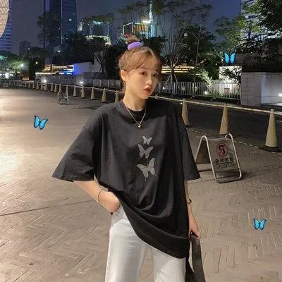 Taro Purple Butterfly Printed Loose Short Sleeve T-Shirt Women INS Popular Tops Popular Trendy All-Matching T-Shirt
